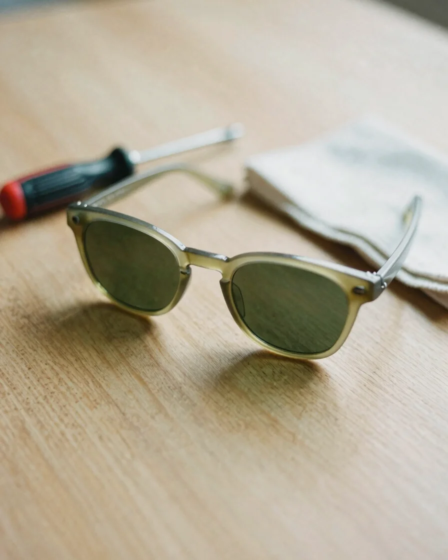 Close editorial still life of a pair of unbranded acetate sunglasses resting on a wood surface beside a small screwdrive