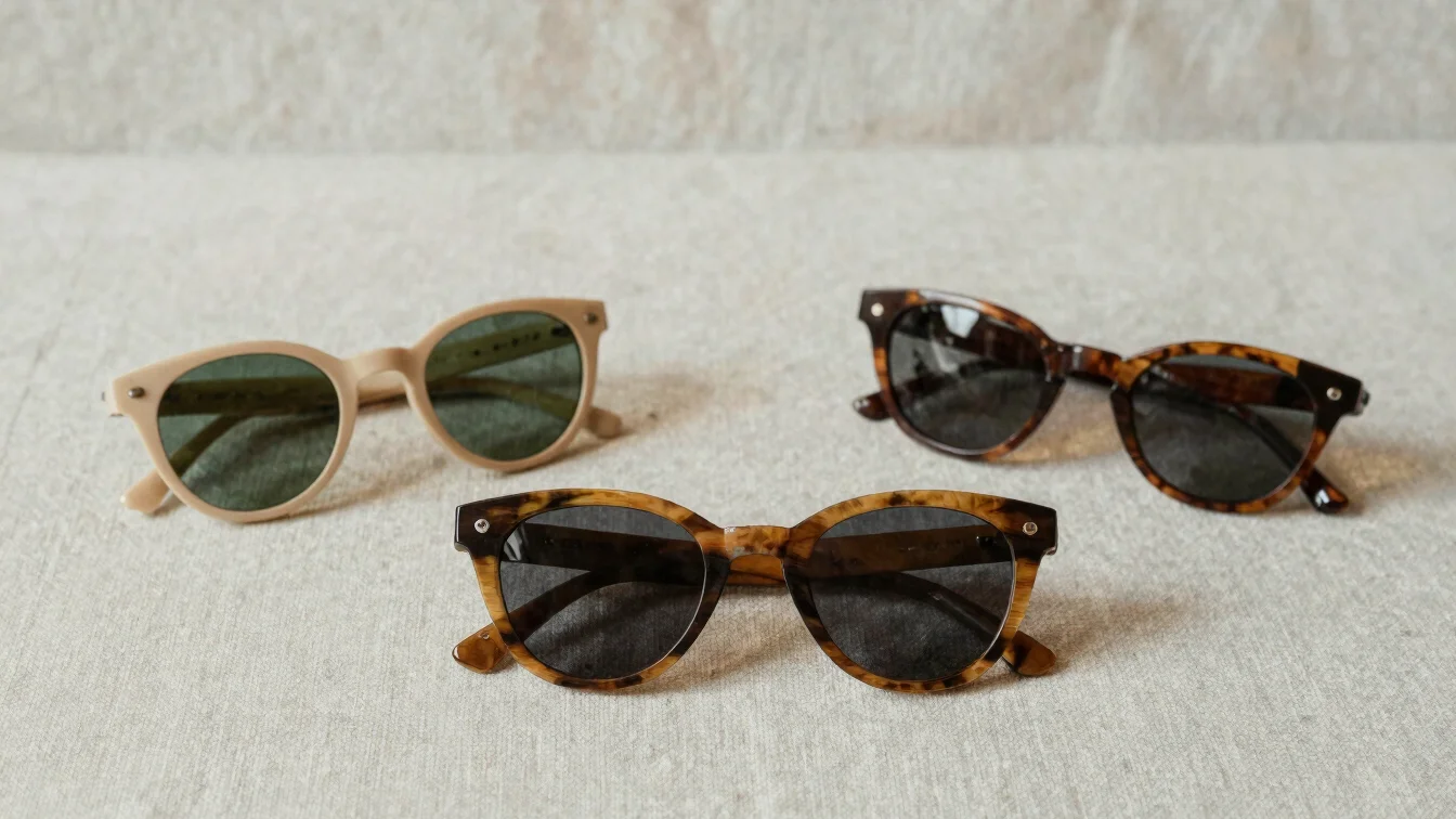 Editorial still life of three sunglass frames in beige, olive, an