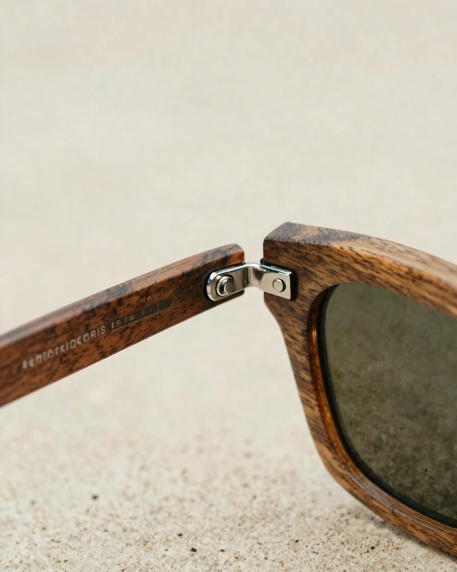 Detailed photograph of a sunglass hinge and temple joint under so