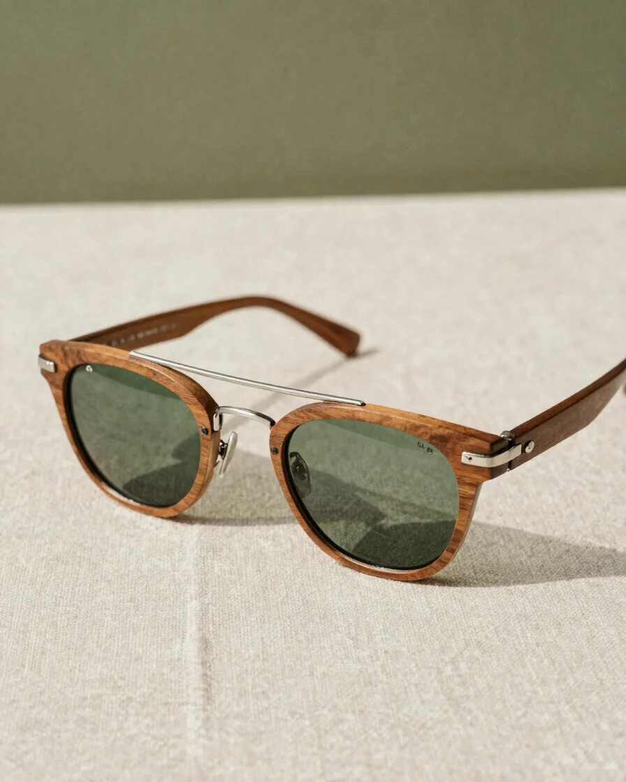 Macro editorial still life of a wood and metal sunglass frame res